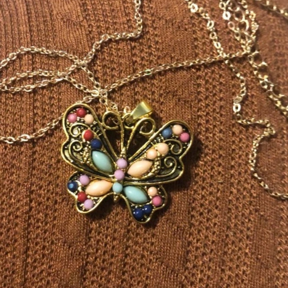 Vintage Multi-Turquoise Butterfly Gold Over Sterling Silver 4.00 ctw Necklace - Picture 10 of 12